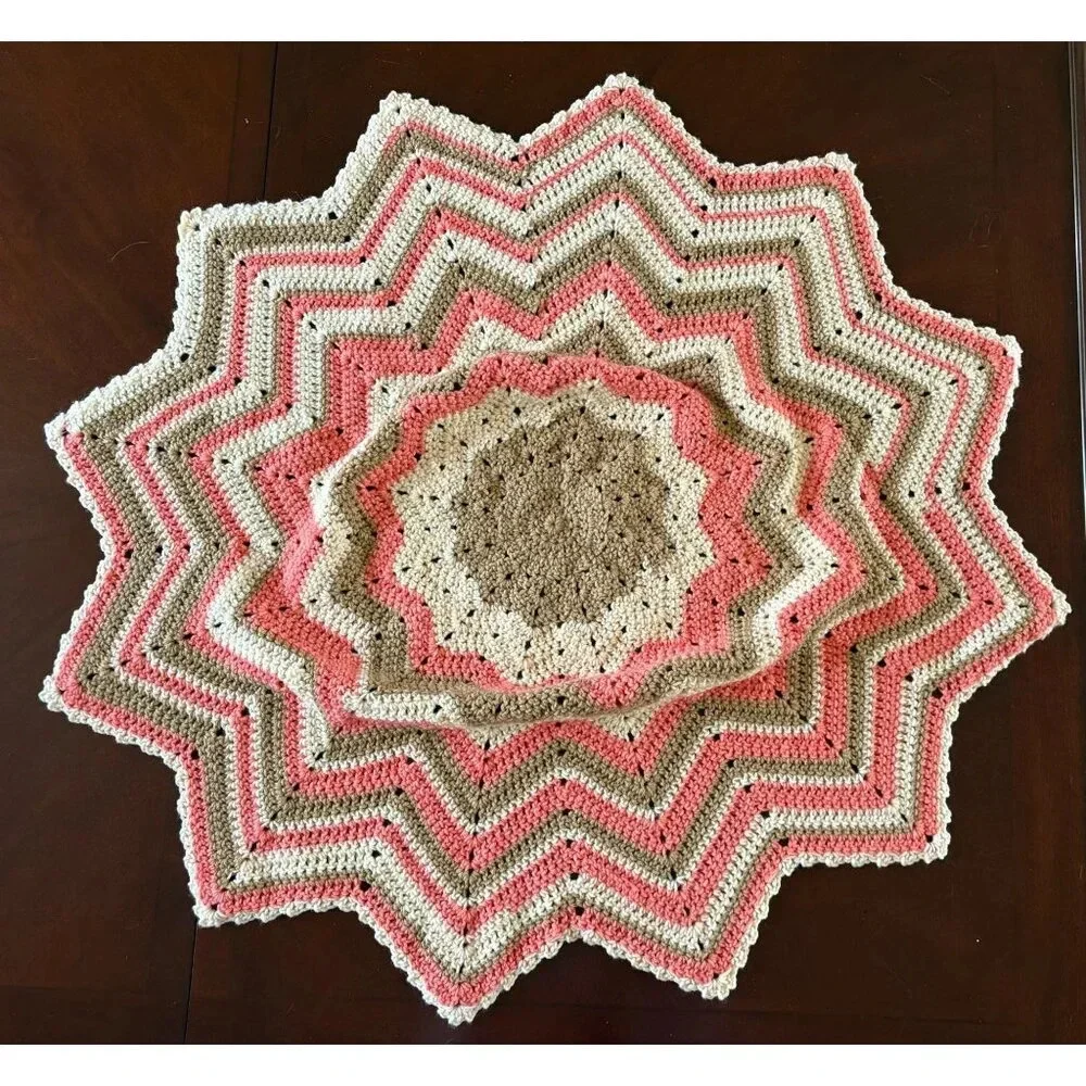 Handmade 12 Point Crochet Knit Star Baby Blanket Afghan Pink Brown Striped